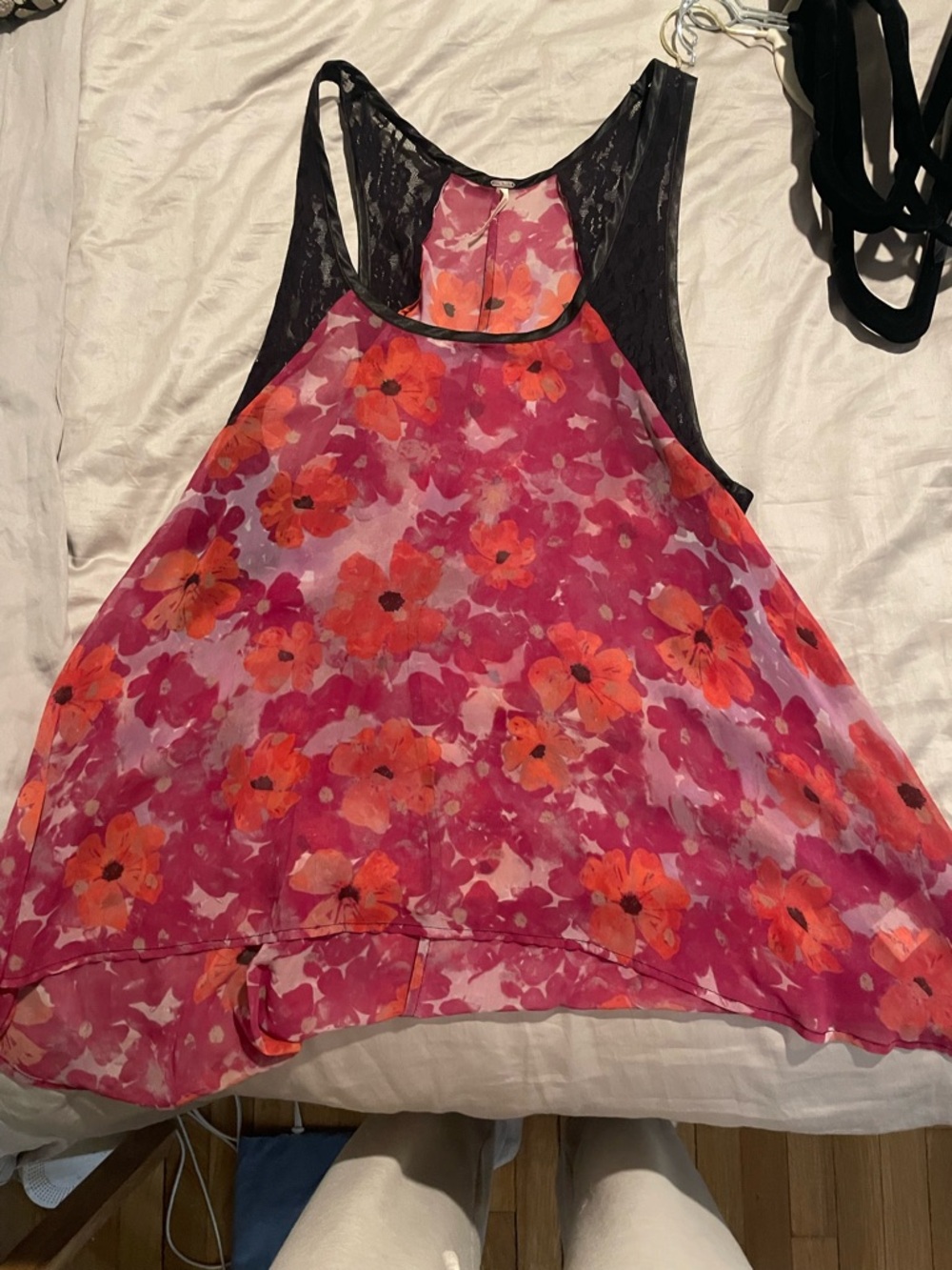 Free People Pink & Orange Floral Lace-Back Racerback Tank